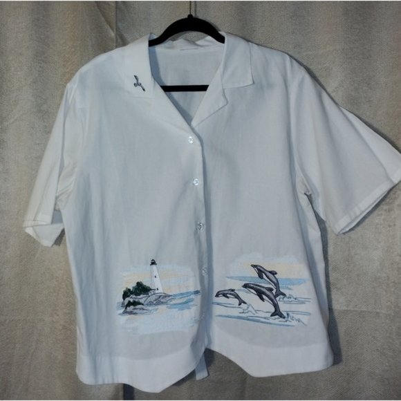 Beach Theme Button Up Shirt White Short Sleeve Size 2X - Picture 4 of 5